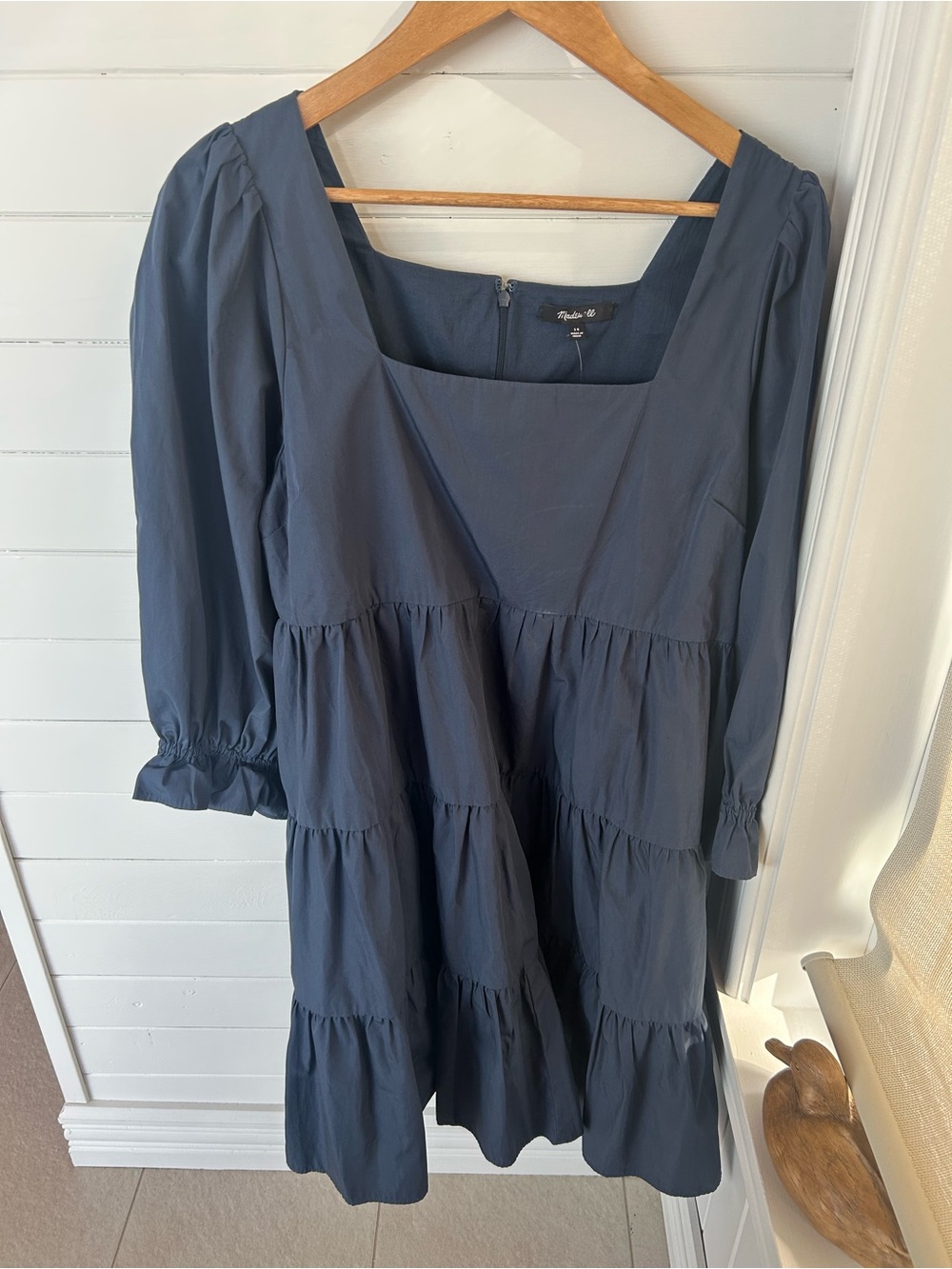 Madewell Blue Square Neck Tiered Puff Sleeve Dress Size 14 NWT